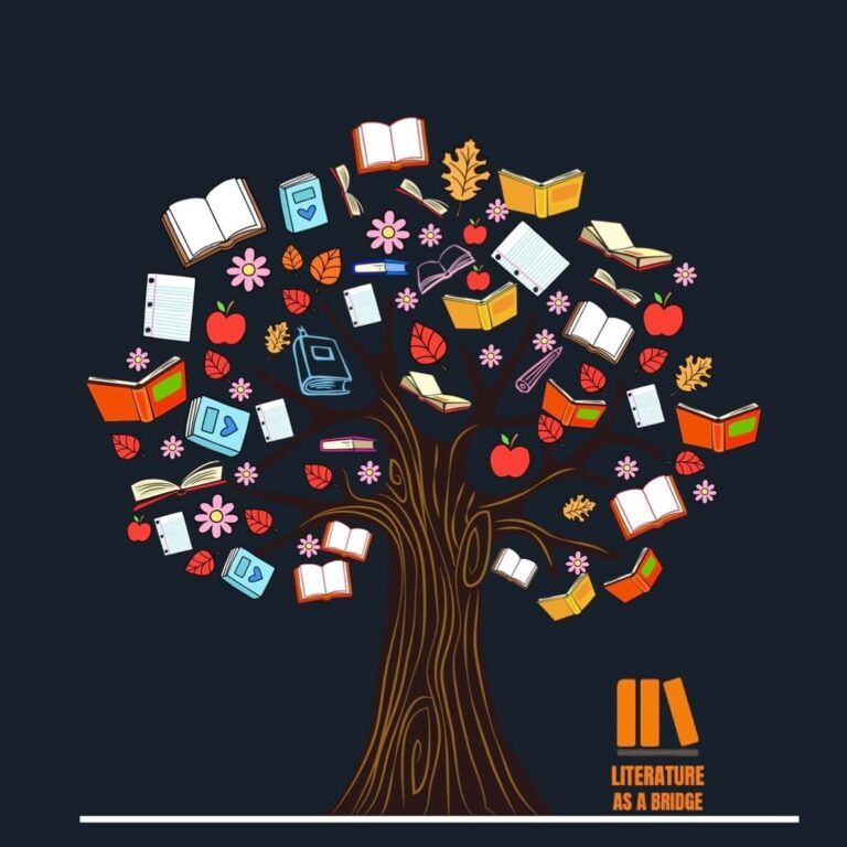 Ilustracija: stilizovano drvo sa knjigama, sveskama, vožem i cvećem u živim bojama na crnoj pozadini