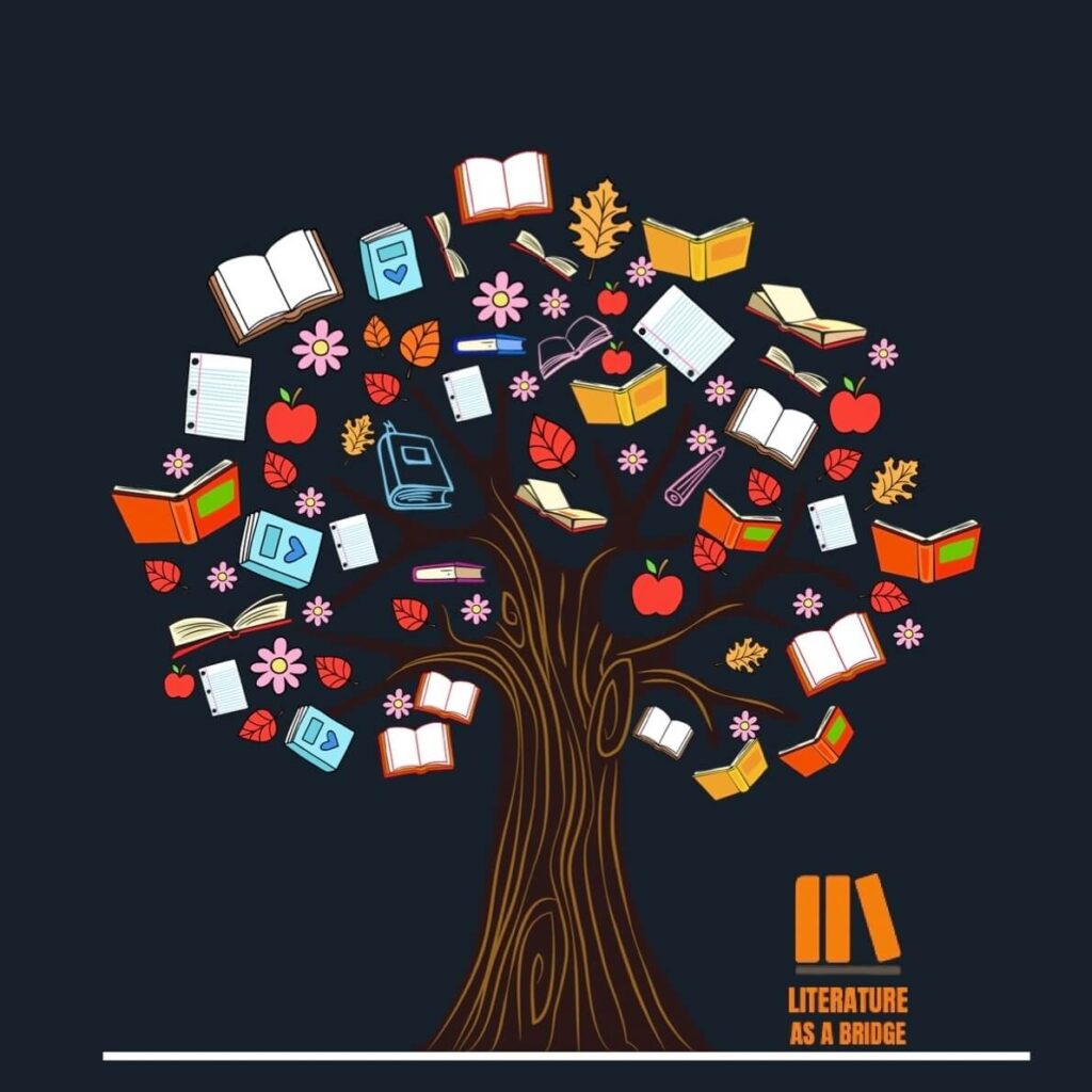 Ilustracija: stilizovano drvo sa knjigama, sveskama, vožem i cvećem u živim bojama na crnoj pozadini