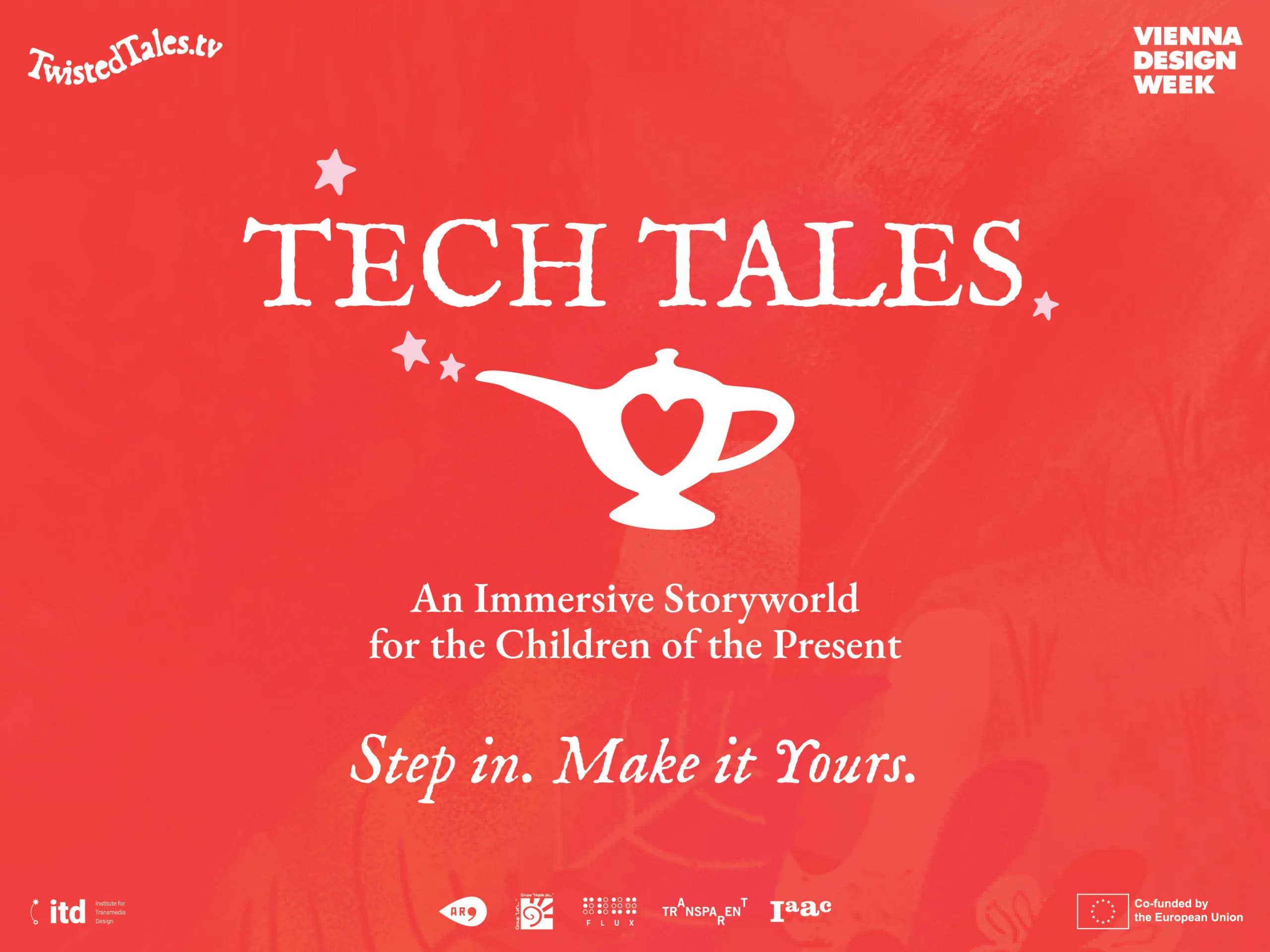 Program poster: The program logo and details in white serif text on a groght red background
